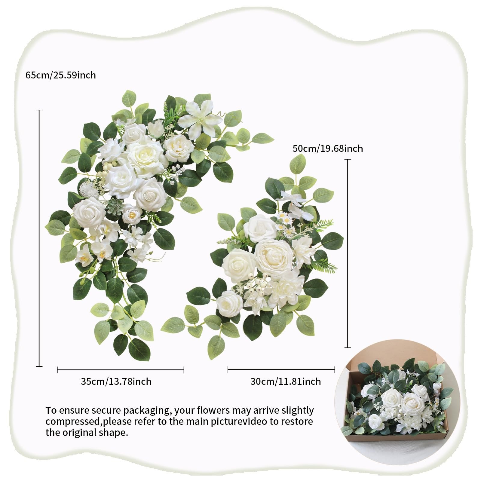 Two white artificial wedding arch flower garlands with green leaves, shown with dimensions and in a box.