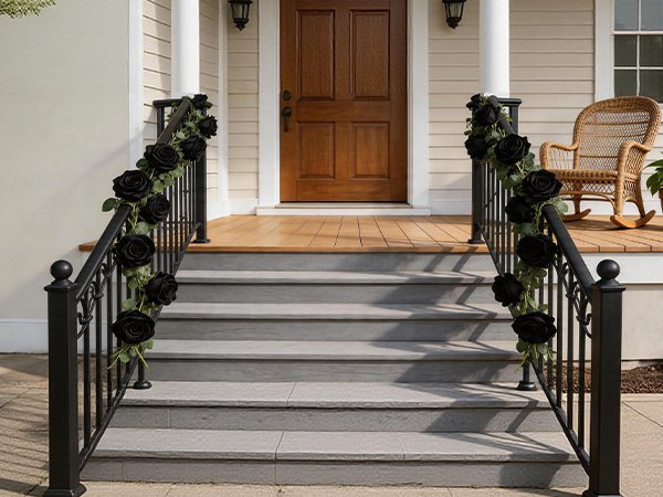 Black artificial rose garland draped on porch railings leading to a wooden front door.