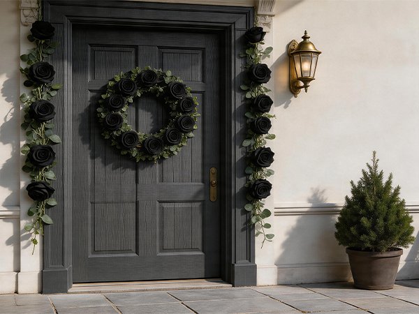 Black artificial rose garland and wreath decorating a dark gray front door with a potted evergreen tree nearby.