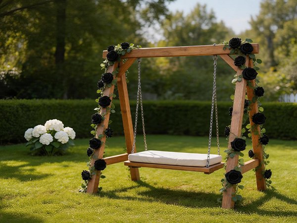 Wooden swing decorated with black artificial rose garland in a sunny garden setting