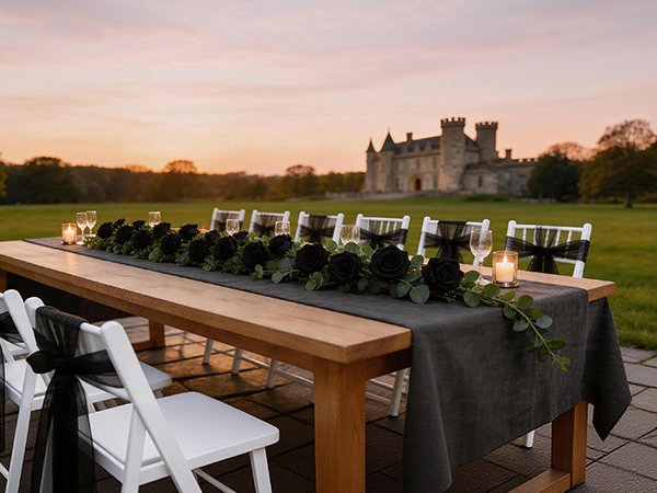 Outdoor table setting with black rose garland and chairs facing a castle at sunset