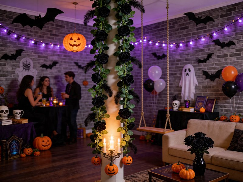 Halloween party scene with black rose garlands, pumpkins, ghosts, bats, and string lights.