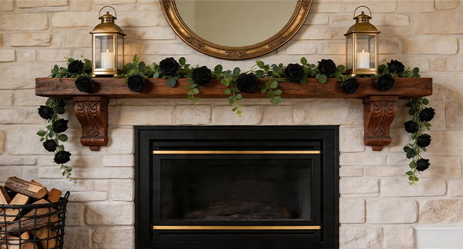 Black artificial rose garland draped over a wooden mantelpiece with lanterns and a mirror above a fireplace.