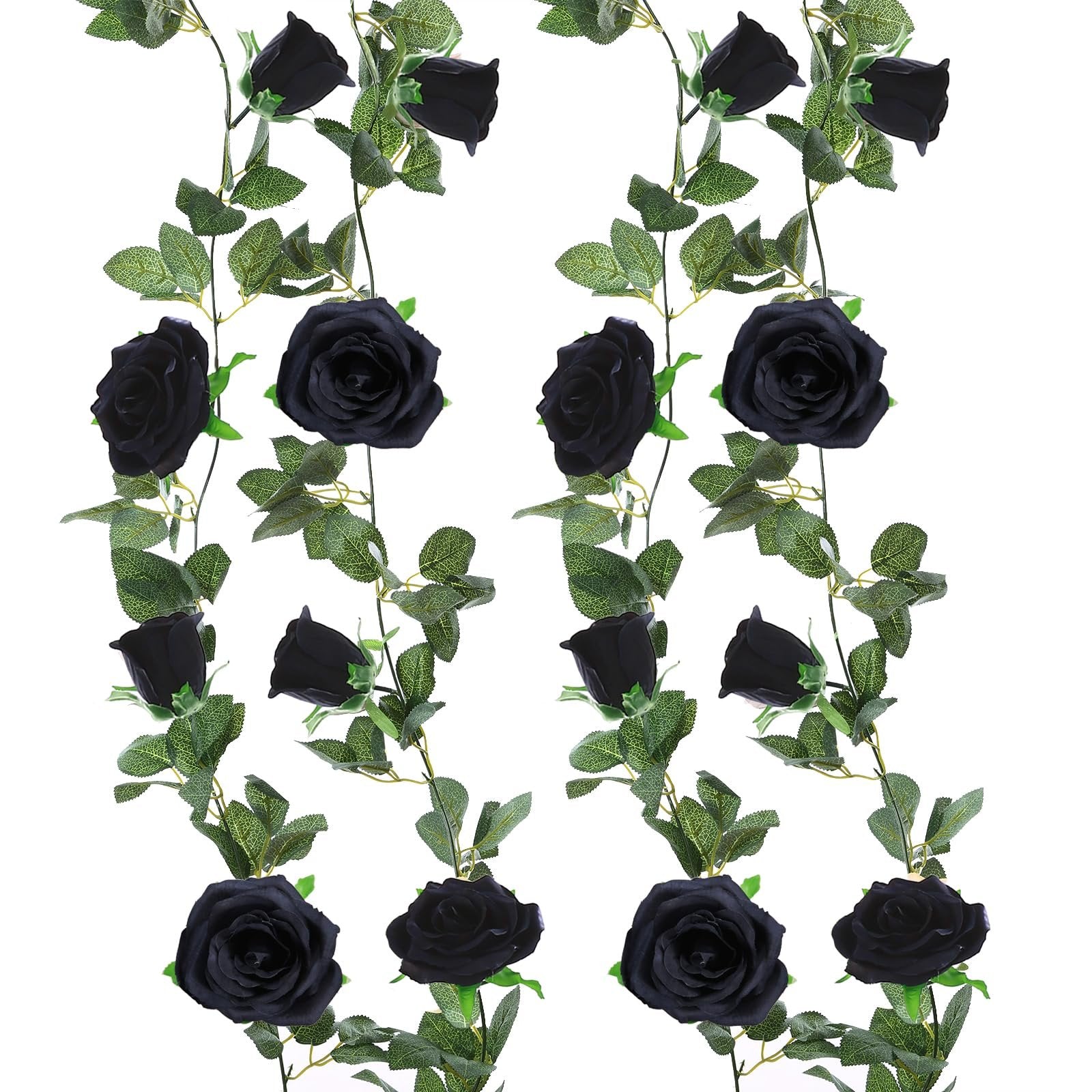 Two black artificial rose garlands with green leaves on a white background, shown from the front.
