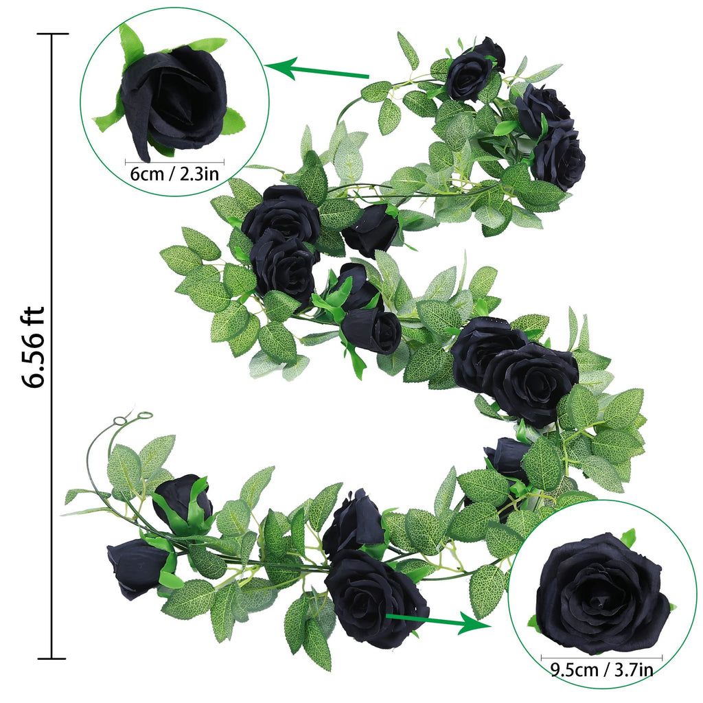 Black artificial rose garland with green leaves, showing flower dimensions.