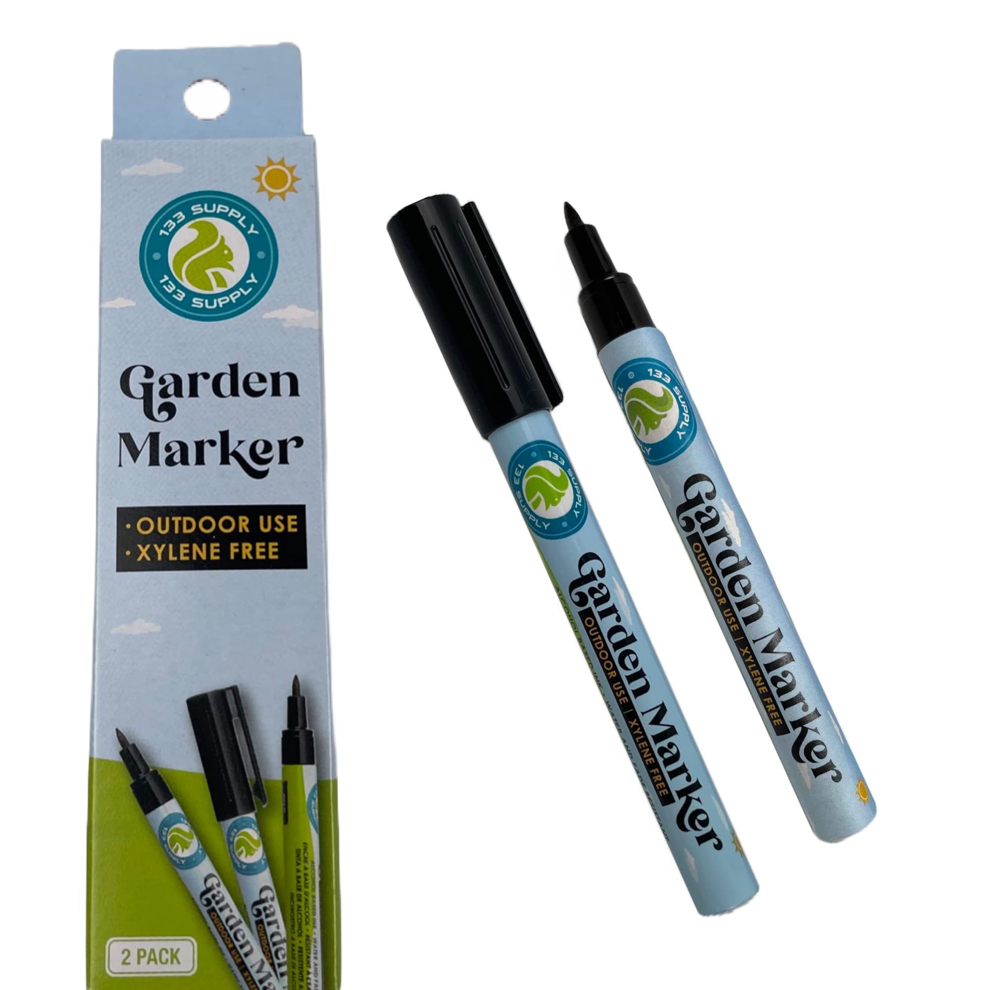 Two black garden marker pens and their packaging, showing the pens at an angle with the packaging to the left.