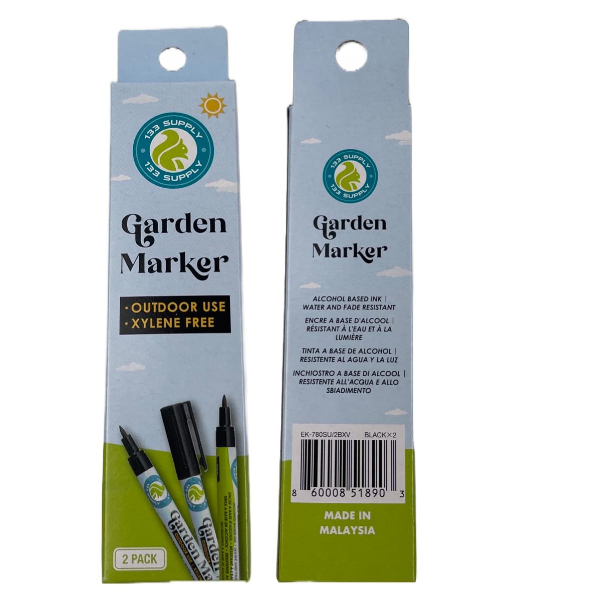 Two black garden marker pens in their packaging, showing front and back views. The front displays 'Garden Marker' with 'Outdoor Use' and 'Xylene Free' callouts. The back lists product details and 'Made in Malaysia'.
