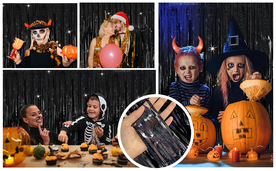 Collage of Halloween party scenes with black tinsel backdrops and costumed people.