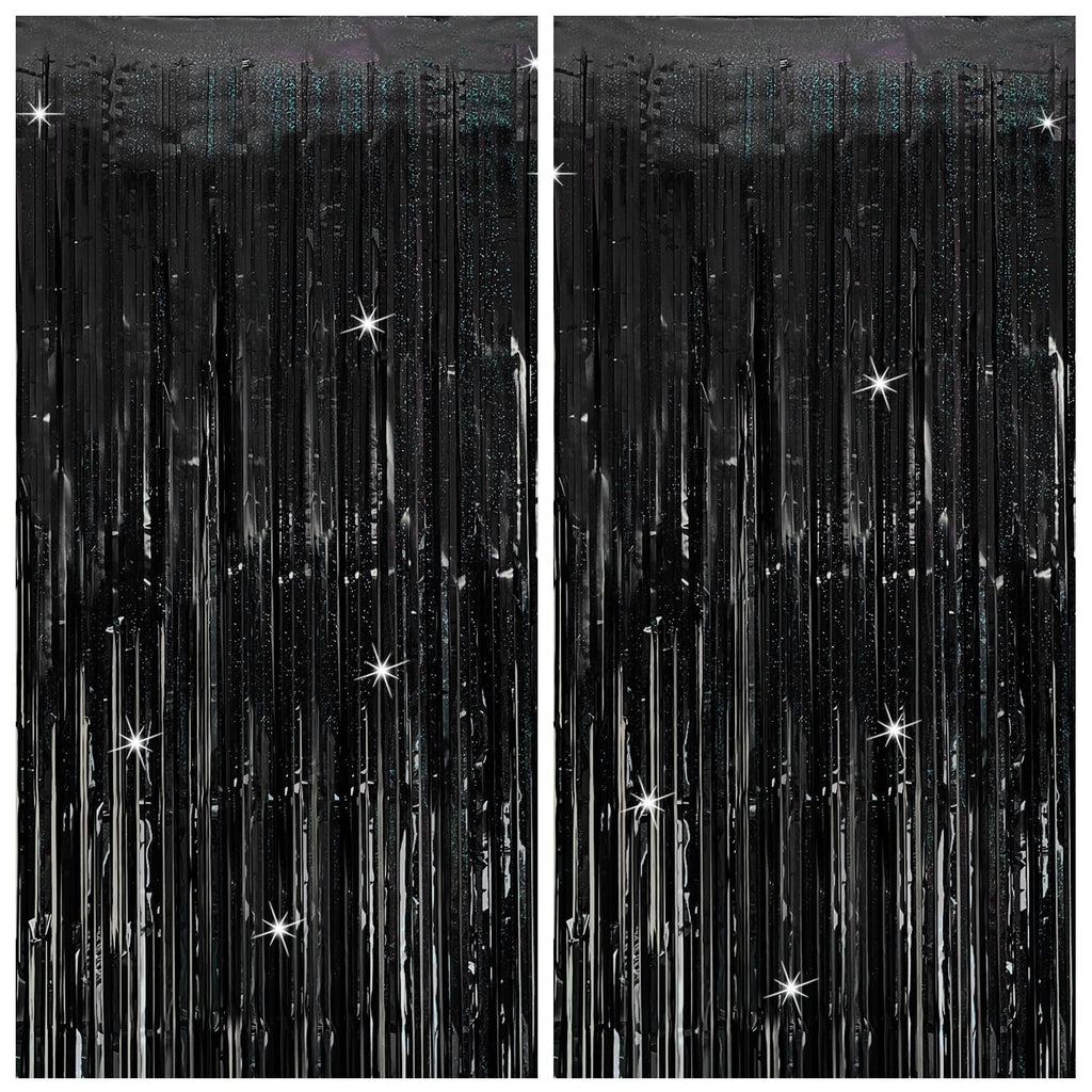 Two black tinsel fringe curtain backdrops with sparkling star accents, displayed side-by-side.