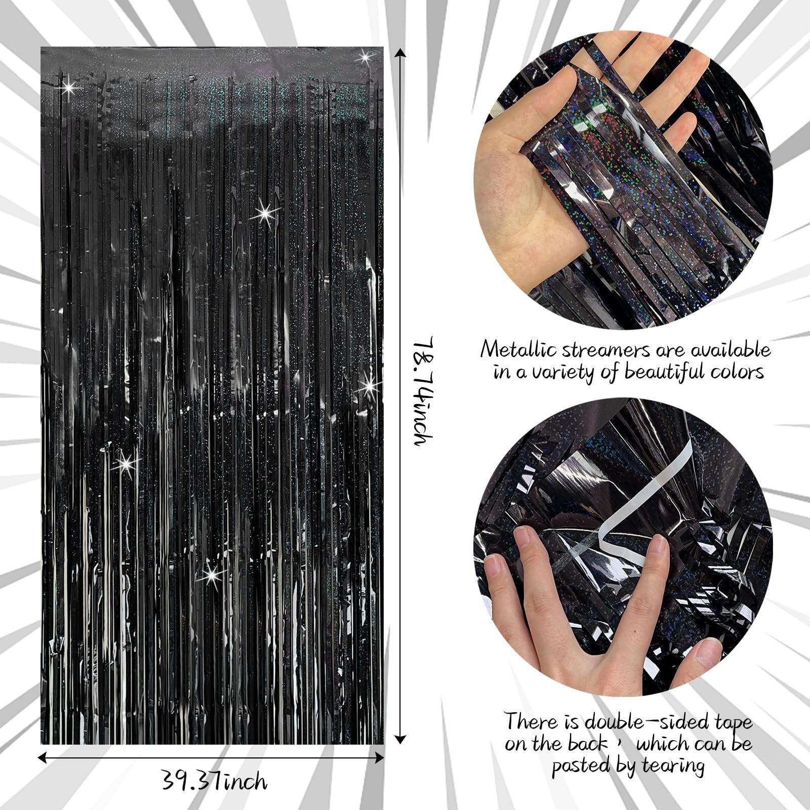 Black tinsel curtain backdrop with glitter accents, showing dimensions and close-ups of metallic streamers and double-sided tape.