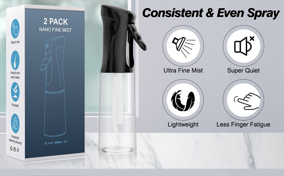 Two clear spray bottles with black triggers shown from the side, next to a product box with feature icons and text.