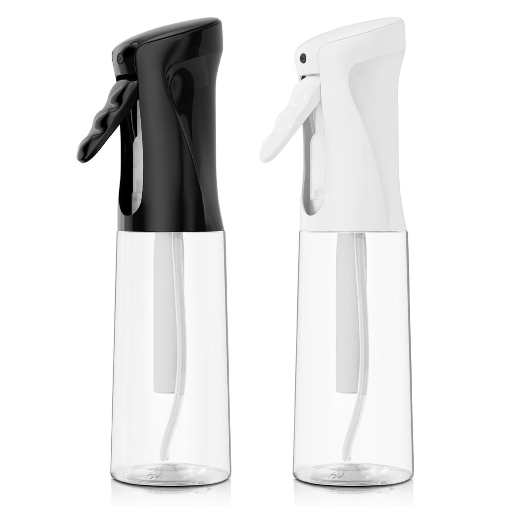 Two clear plastic spray bottles with black and white trigger heads, shown from the front on a white background.