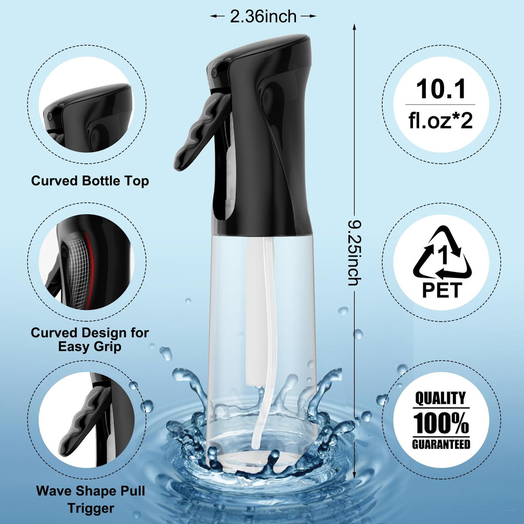 Clear spray bottle with black trigger and cap, shown with water splash. Dimensions and features are called out.