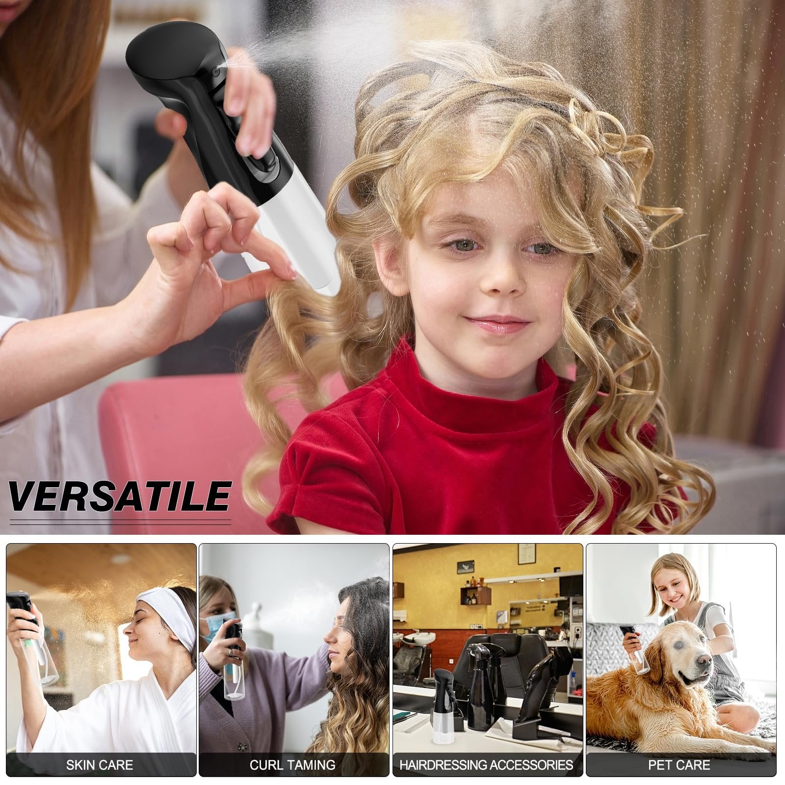 Continuous spray bottle misting a child's hair, with inset images showing skin care, curl taming, salon accessories, and pet care.