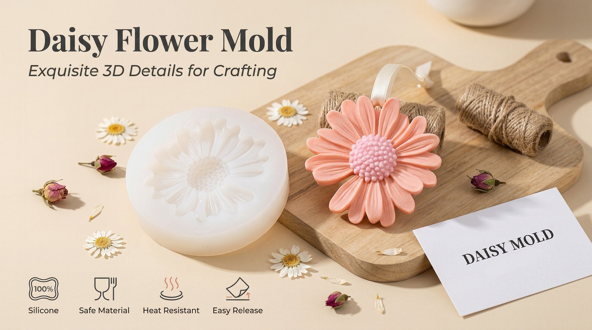Daisy-shaped silicone mold and a finished pink daisy-shaped soap or candle on a wooden board with twine and dried flowers.