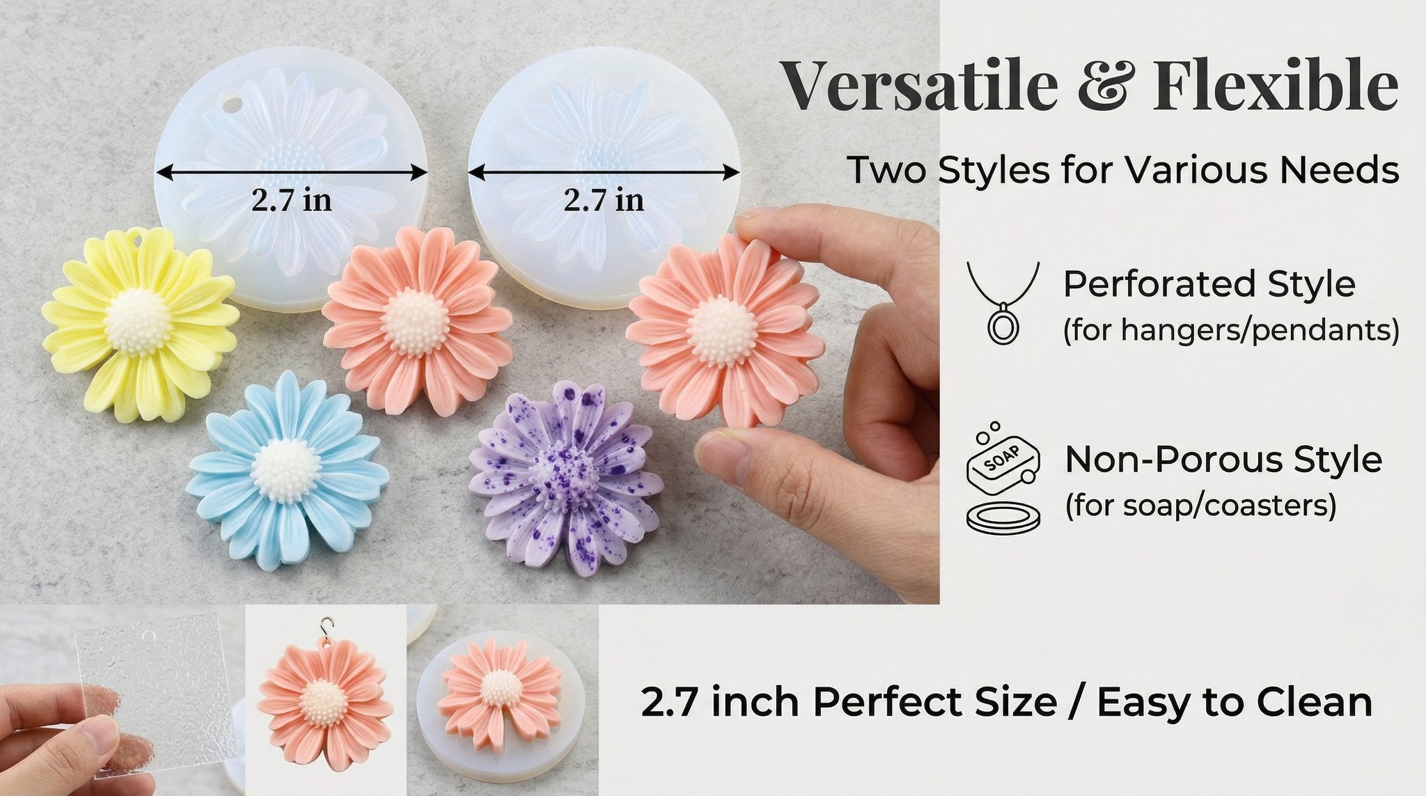 Daisy-shaped silicone molds and finished resin flowers in various colors, showing size and style options.