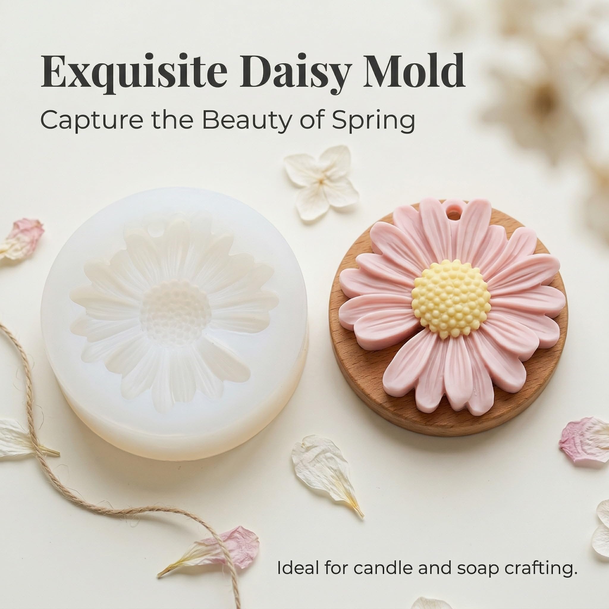 Daisy-shaped silicone mold and a pink daisy-shaped soap or candle next to it, surrounded by flower petals and twine.