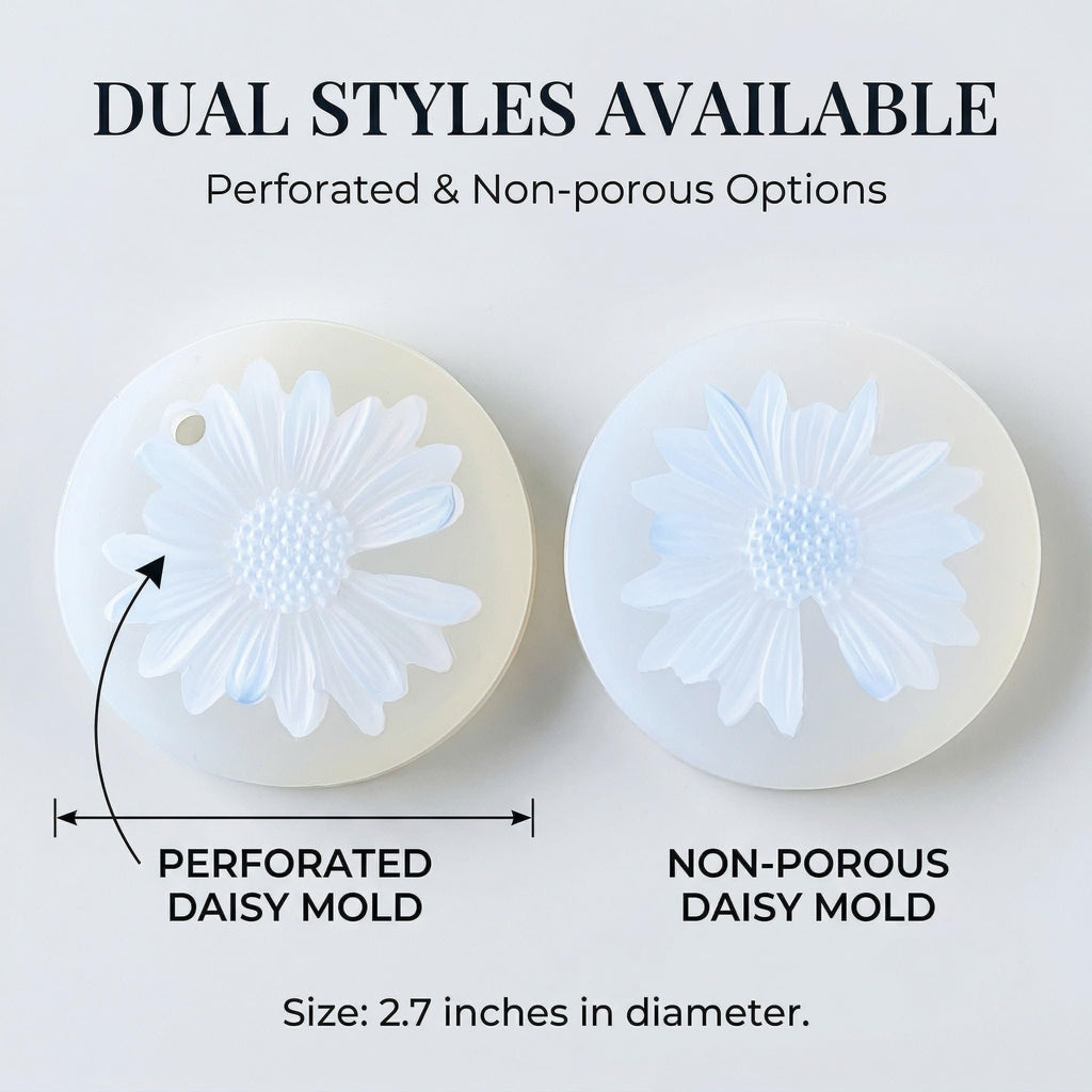 Two daisy-shaped silicone molds, one perforated and one non-porous, shown side-by-side with size and style labels.