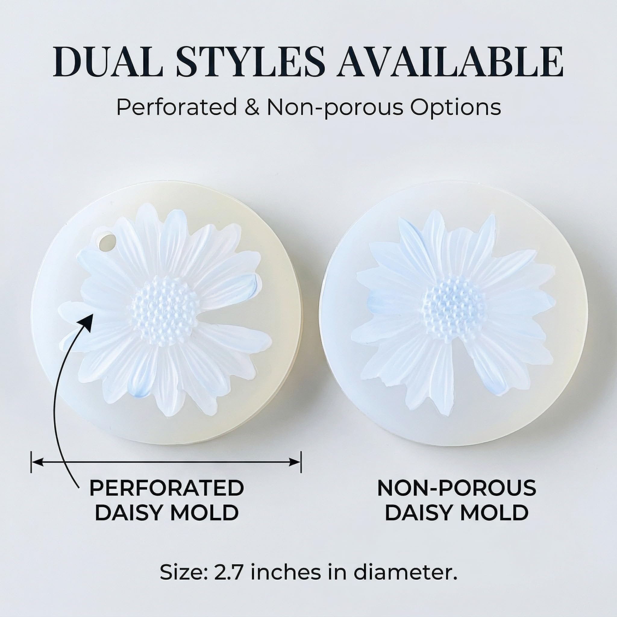 Two daisy-shaped silicone molds, one perforated and one non-porous, shown side-by-side with size and style labels.