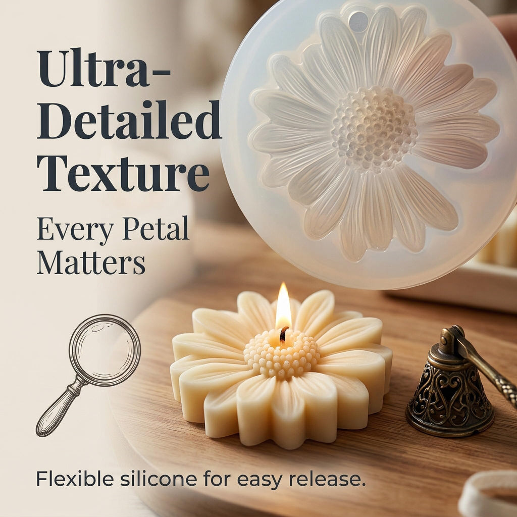 Daisy-shaped silicone mold and a finished daisy-shaped candle with a lit wick on a wooden surface.