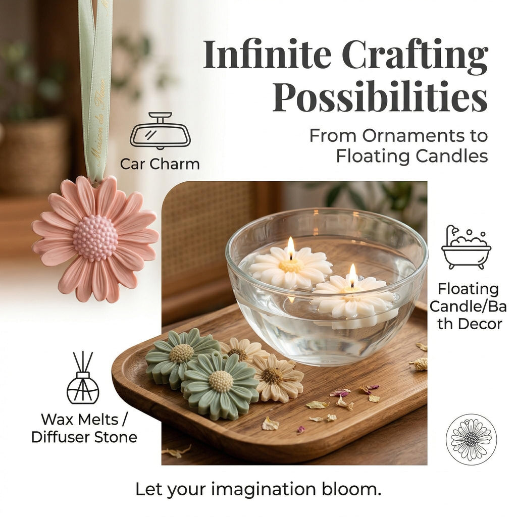 Collage of daisy-shaped silicone molds used for car charms, wax melts, and floating candles.