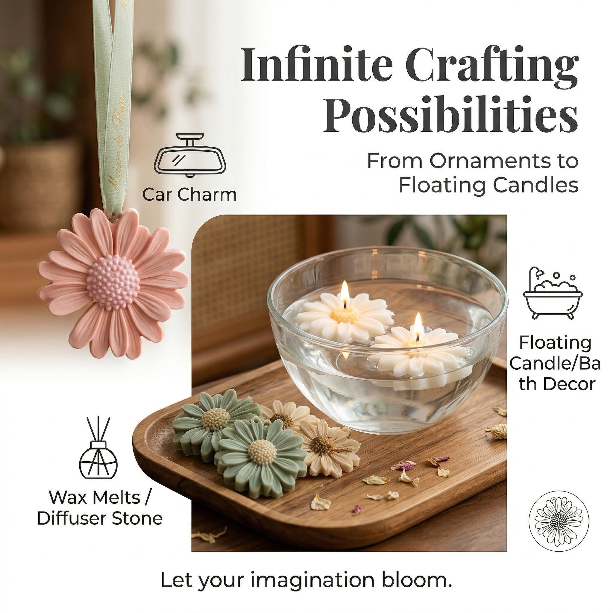 Collage of daisy-shaped silicone molds used for car charms, wax melts, and floating candles.