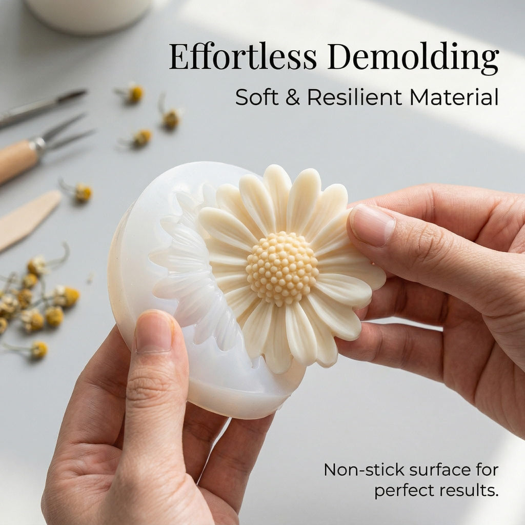Hands holding a daisy-shaped silicone mold and a finished flower shape, with crafting tools and dried flowers in background.