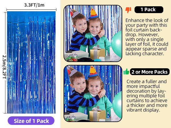 Blue tinsel fringe backdrop with dimensions shown, next to lifestyle images of children at a party and text explaining pack usage.