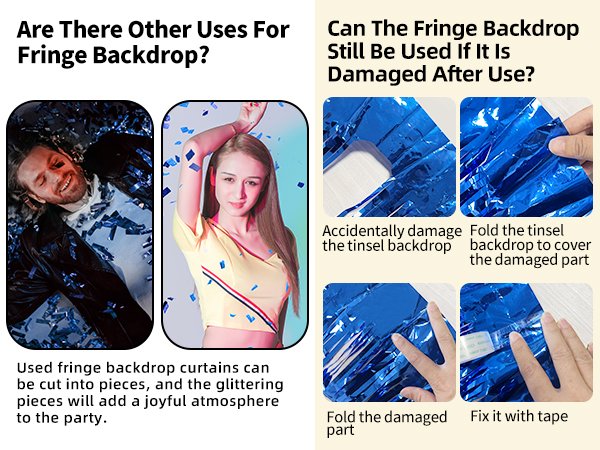 Two people covered in blue confetti with fringe backdrop curtains; instructions on repairing damaged fringe curtains.