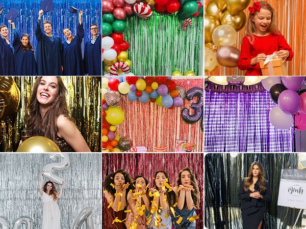 Collage of party scenes with tinsel fringe backdrops in various colors and balloons.
