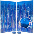 Two dark blue tinsel fringe backdrops with a close-up inset of a hand holding the fringe.