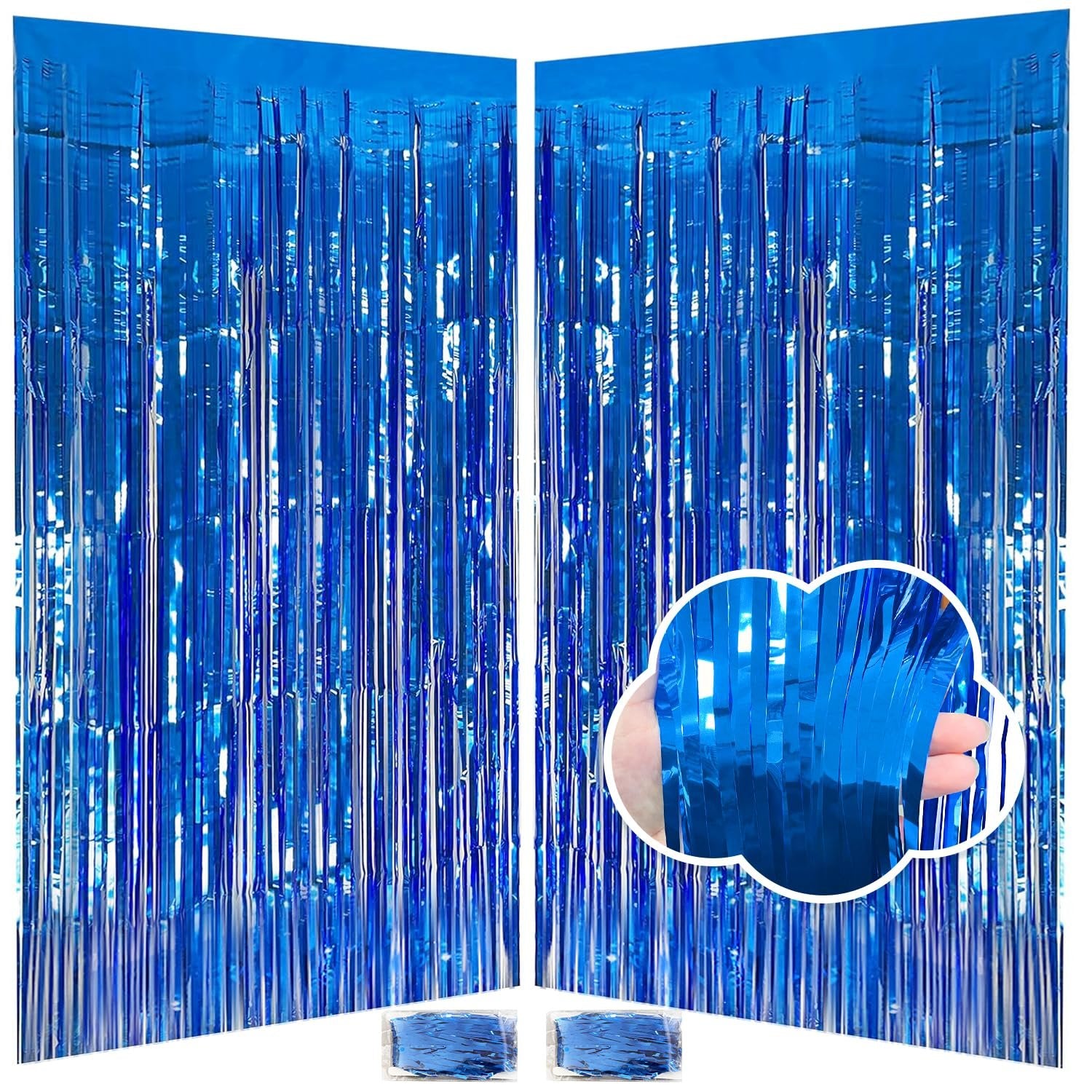 Two dark blue tinsel fringe backdrops with a close-up inset of a hand holding the fringe.