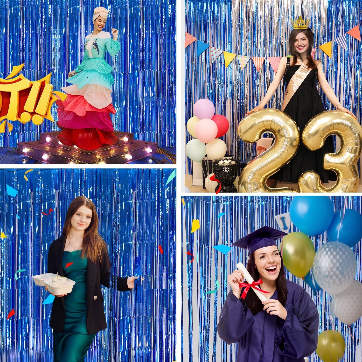 Collage of four images showing people celebrating behind blue tinsel fringe backdrops.