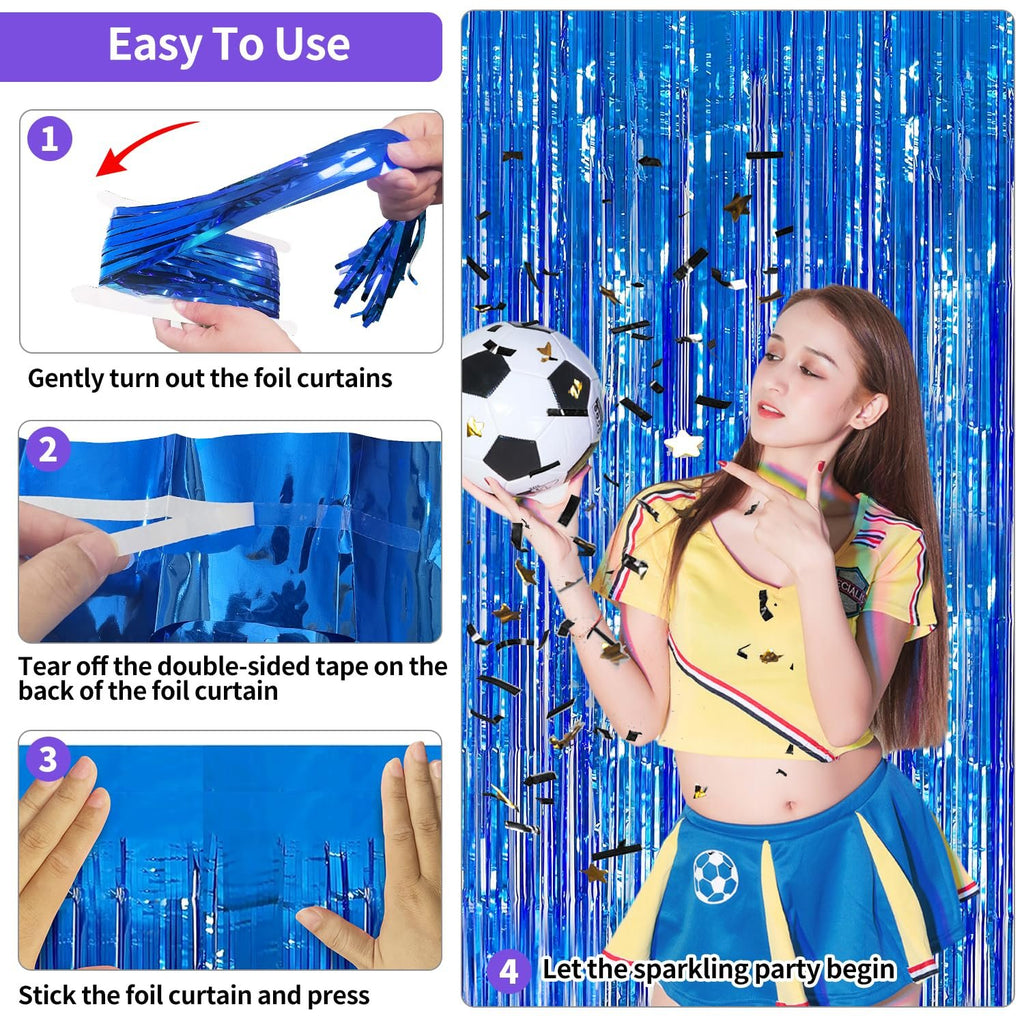 Dark blue tinsel fringe backdrop with instructions and a woman holding a soccer ball.
