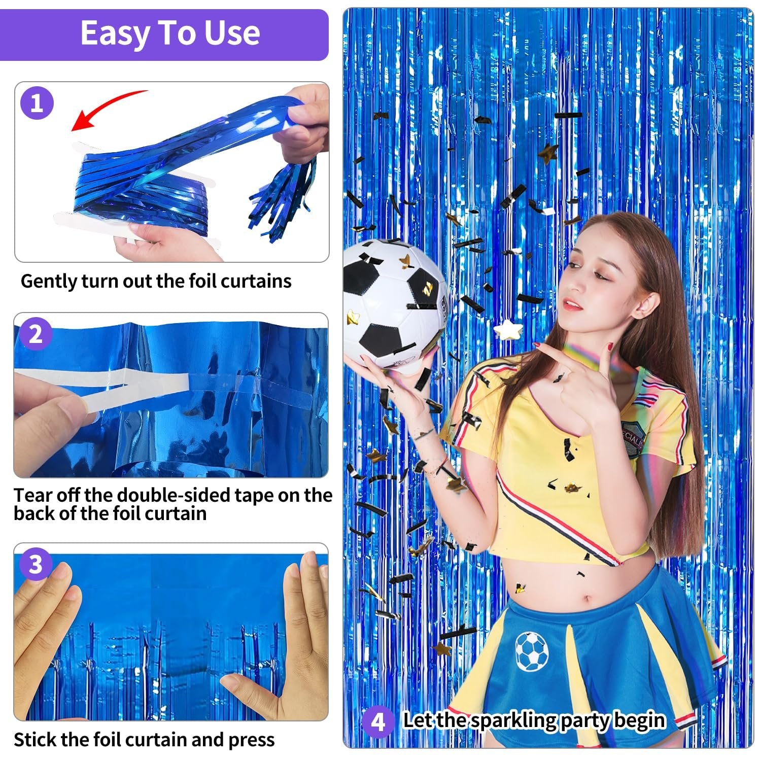 Dark blue tinsel fringe backdrop with instructions and a woman holding a soccer ball.
