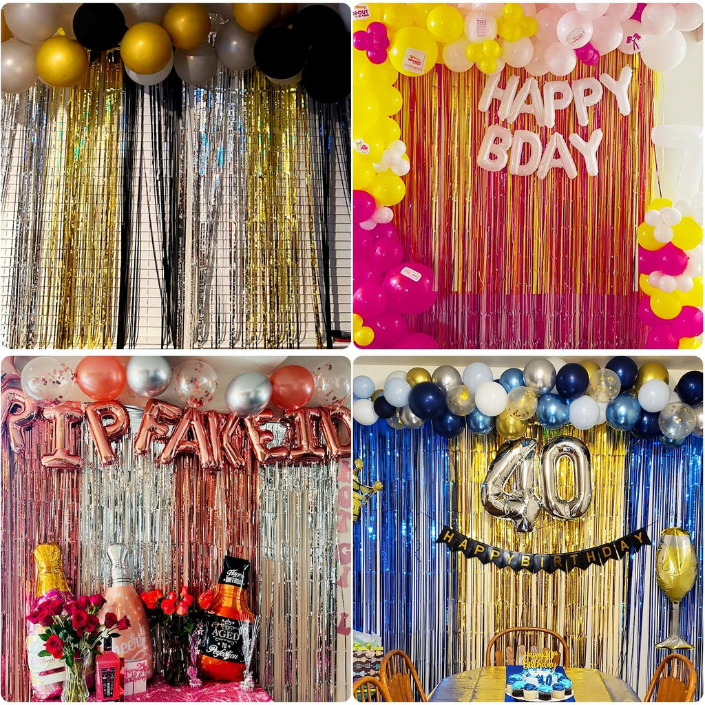 Collage of four party backdrops with tinsel fringe curtains and balloons. Top left: gold, silver, and black fringe with balloons. Top right: pink and gold fringe with 'HAPPY BDAY' balloons. Bottom left: rose gold and silver fringe with bottles and flowers. Bottom right: blue and gold fringe with '40