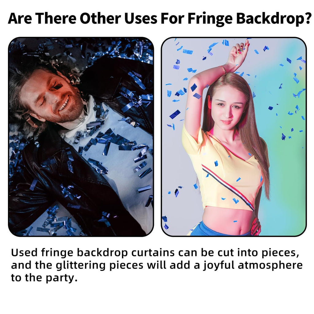 Two people covered in blue confetti, one lying down and the other posing, with text about fringe backdrop uses.