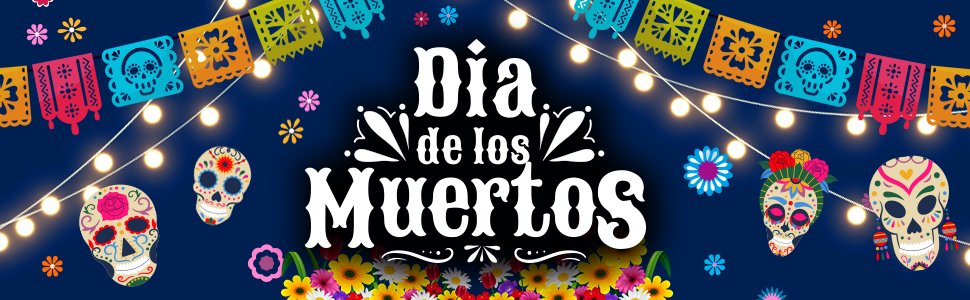 Dia de los Muertos banner with papel picado, string lights, sugar skulls, and flowers on a dark blue background.