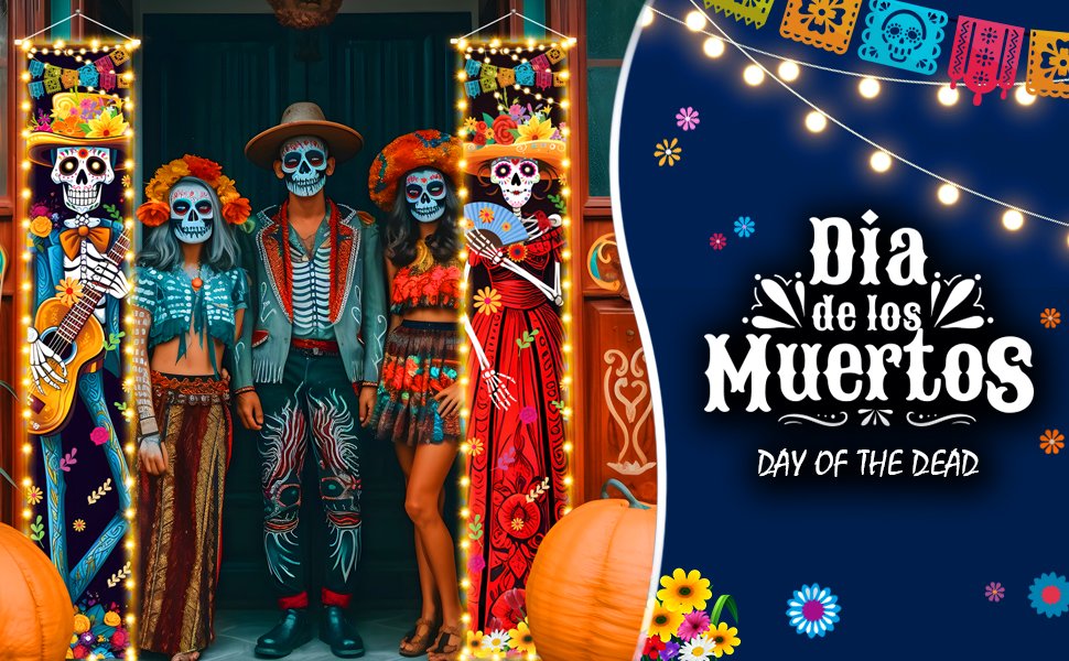 Four people in Dia de los Muertos costumes stand with lighted porch sign banners featuring skeletons and marigolds.