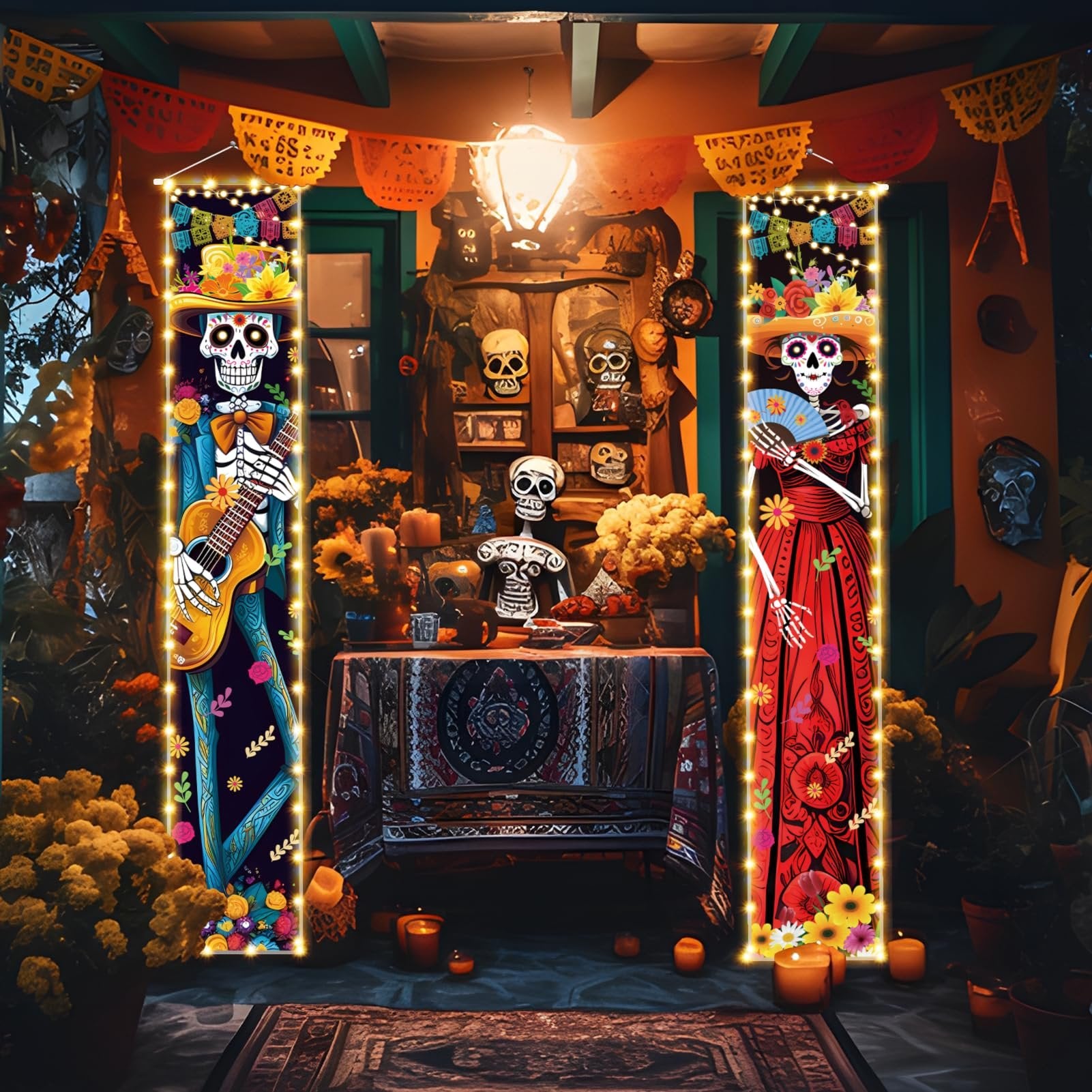 Dia de los Muertos porch banners with skeleton figures, one playing guitar, the other holding a fan, illuminated by string lights.