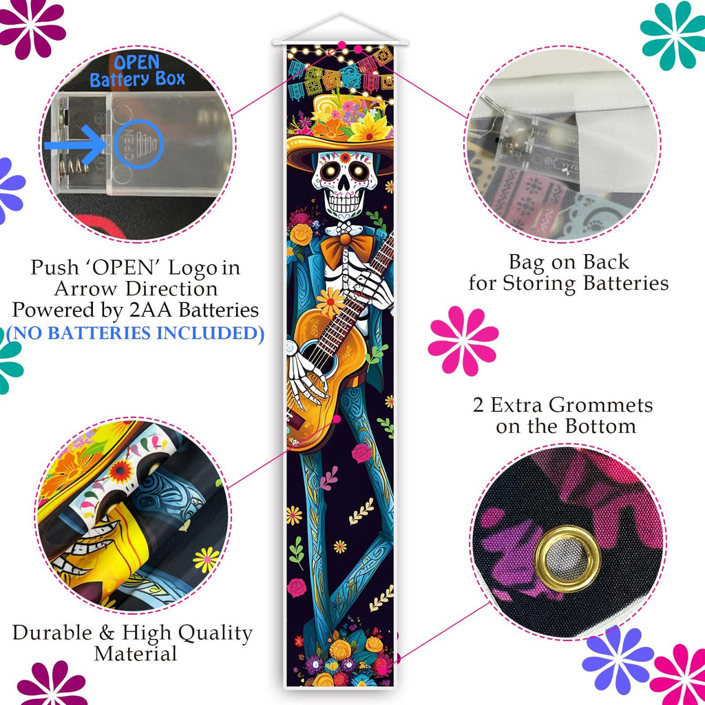 Dia de los Muertos porch banner featuring a skeleton playing guitar, with callouts for battery box, material, and grommets.