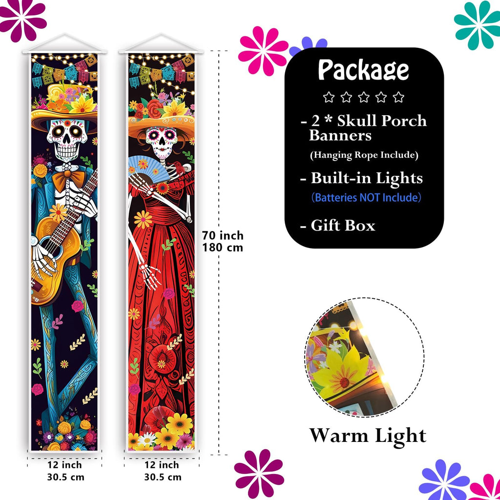 Two Dia de los Muertos themed porch banners, one a skeleton guitarist and the other a skeleton woman with a fan, with package details and warm light inset.