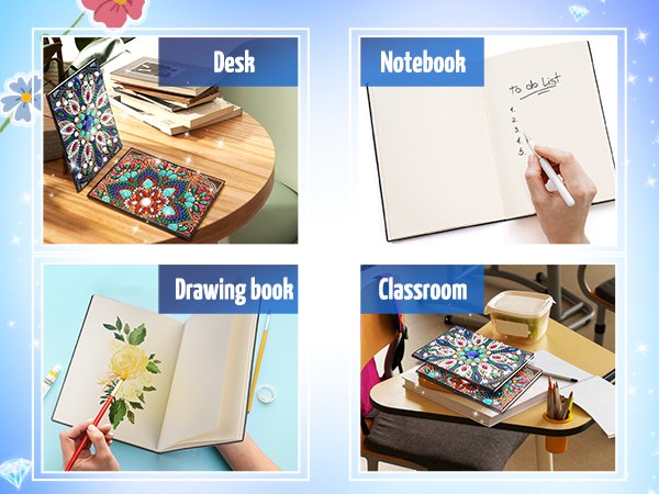 Diamond art notebooks displayed in various settings: on a desk, open to a to-do list, being painted in, and on a classroom desk.
