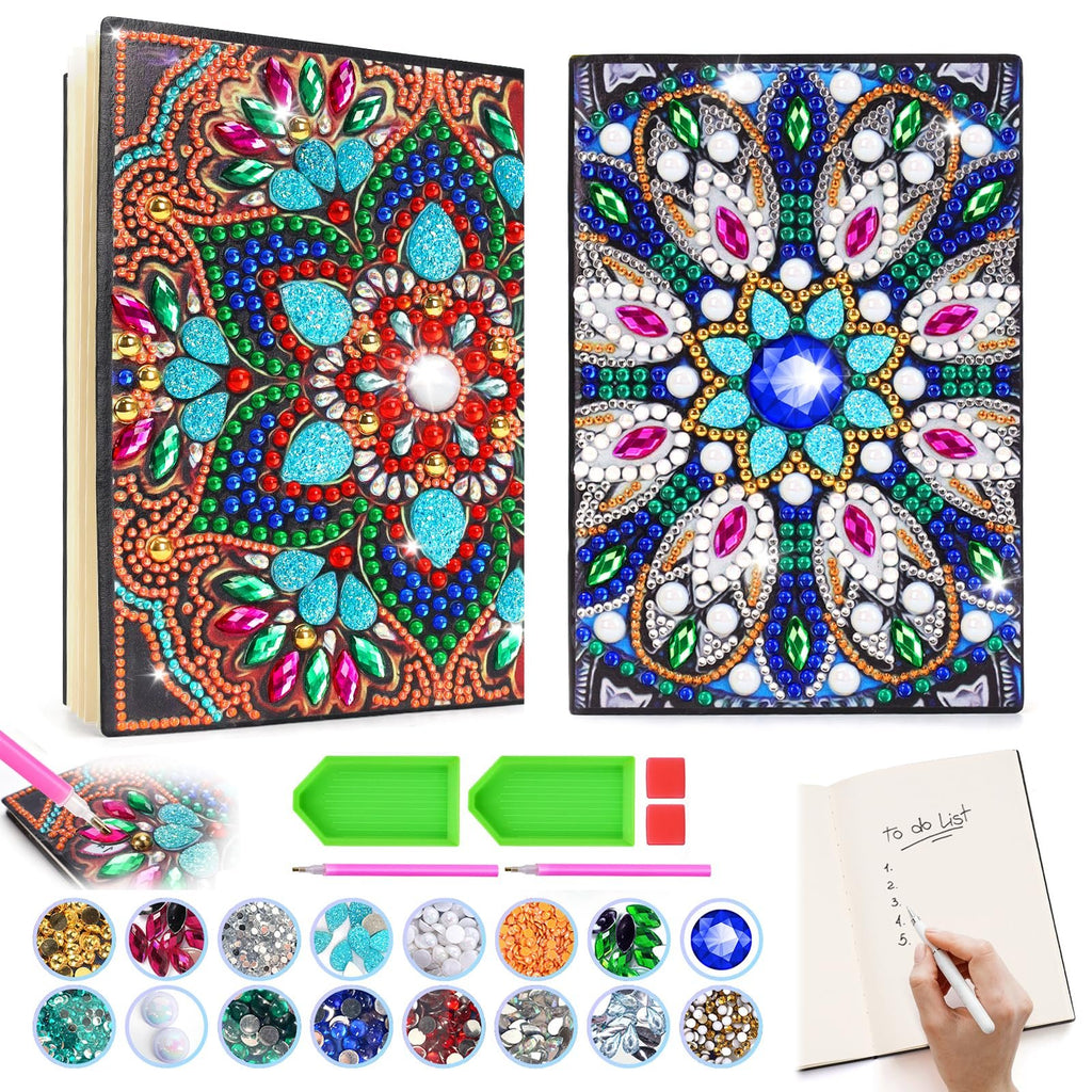 Diamond art notebook kit with two journals, diamond drills, tools, and a to-do list.