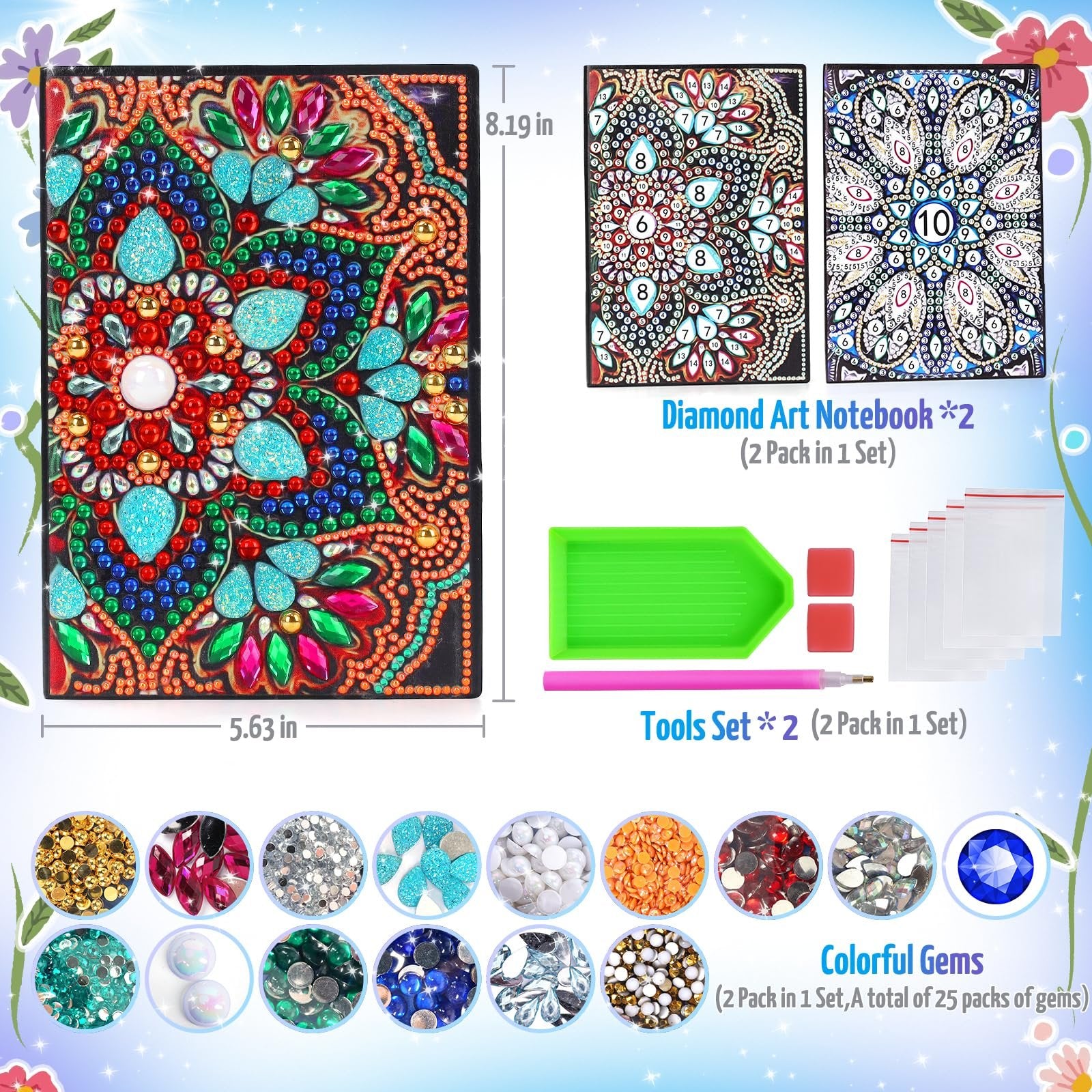 Diamond art notebook kit with tools and colorful gems, showing two notebooks and supplies.