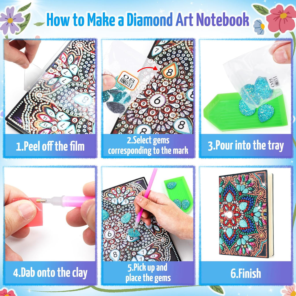 Diamond art notebook kit instructions showing 6 steps from peeling film to finishing the gemstone cover.