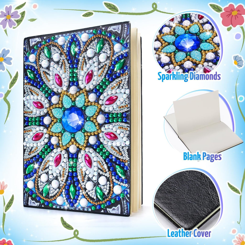 Diamond art notebook kit showing a journal with a mandala gemstone cover, close-up of diamonds, blank pages, and leather cover.