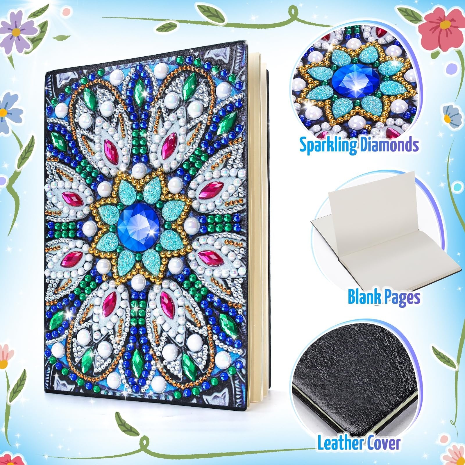 Diamond art notebook kit showing a journal with a mandala gemstone cover, close-up of diamonds, blank pages, and leather cover.
