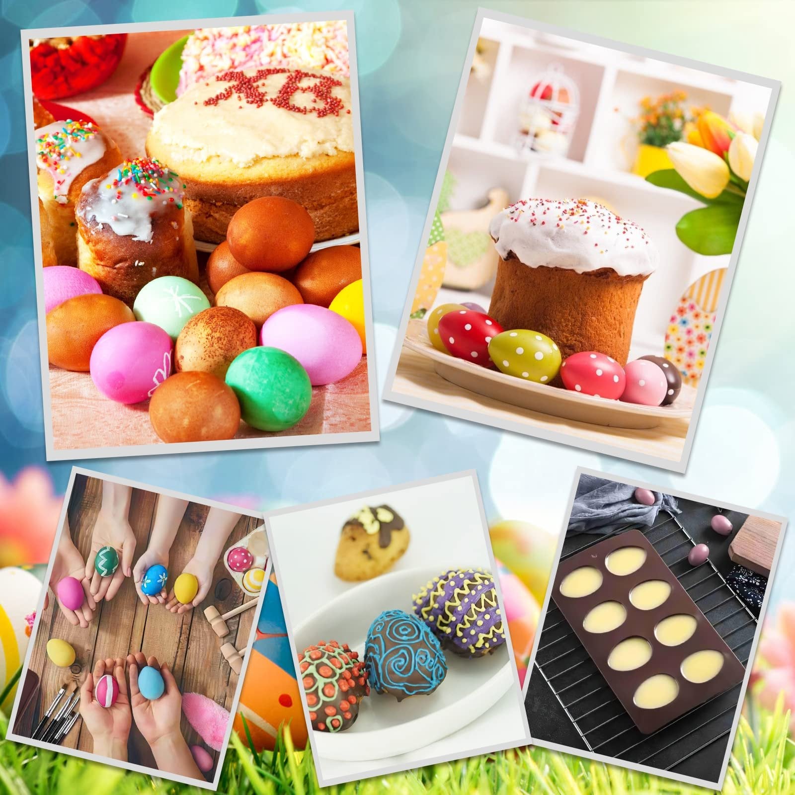 Collage of Easter cakes, decorated eggs, and silicone molds for baking Easter treats.