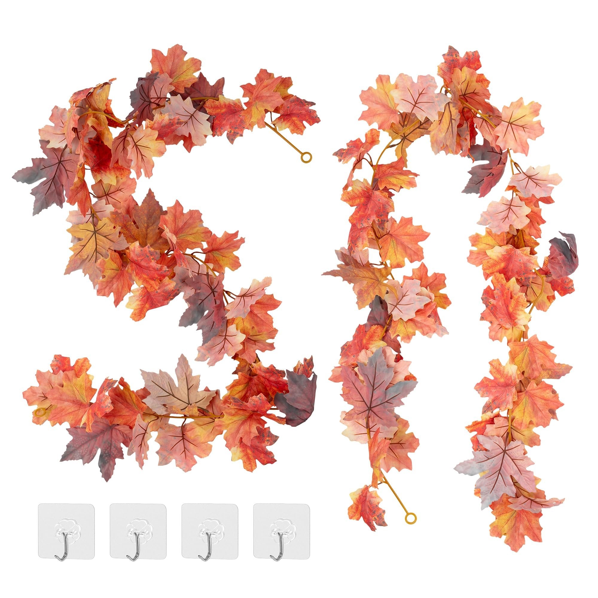 Two artificial maple leaf garlands in autumn colors with four adhesive hooks on a white background.